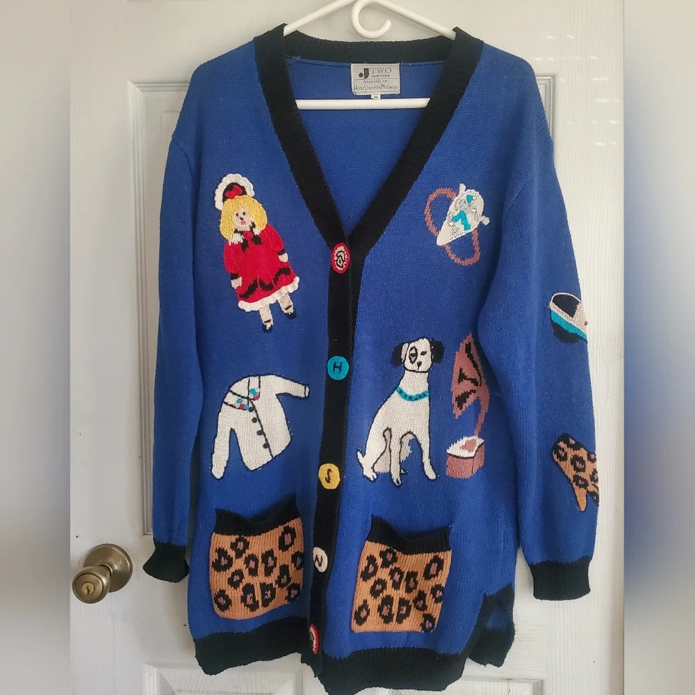 Vintage mixed print button down cardigan sweater, size medium JTWO NEW YORK